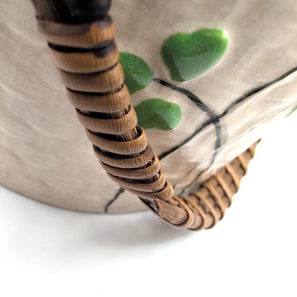 Vintage Ceramic Japanese Biscuit Barrel w/ Wicker Handle Shamrock Weave Pattern - Picture 9 of 12